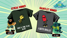 The game screen highlighting the winning shirts of a gauntlet, with the shirt that had the longest streak (left) and the last surviving shirt of the round (right), as shown in The Jackbox Party Pack 3.