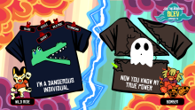 The outcome of a T-shirt battle, with the losing shirt being cut up, as shown in The Jackbox Party Pack 3.