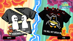 The outcome of a T-shirt battle, with the losing shirt being cut up, as shown in The Jackbox Party Starter.