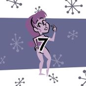 Purple Girl looking over her shoulder, with a number 7 covering her body.[6]