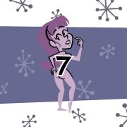 Purple Girl looking over her shoulder, with a number 7 covering her body.[6]