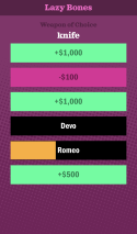 The screen during a Jack Attack for You Don't Know Jack: Full Stream. Green indicates a correct answer was chosen, pink indicates a wrong answer was chosen. Dollar values depend on how fast the player picked each choice. The orange highlight on choices not yet chosen decreases over time.