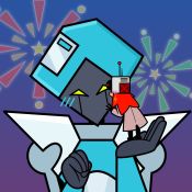 Jackbox New Year's Eve 2024 promo art, showing Jerri kissing the floppy disk robot from Mad Verse City.[12]