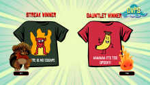 The game screen highlighting the winning shirts of a round, with the shirt that had the longest streak (left) and the last surviving shirt of the round (right), as shown in The Jackbox Party Starter.