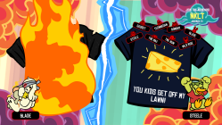 The losing T-shirt burning up as the result of a Shirtality, as shown in The Jackbox Party Pack 3.
