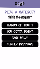 The category select screen at the start of each round.