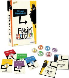The Fakin' It card game and its contents.