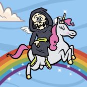 Jim Reaper riding a unicorn.[1]